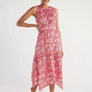 Scoop Sleeveless Pink Floral Handkerchief-Hem Dress